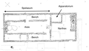 The different areas of a Mithraeum as commonly defined by archaeologists. The two benches allowed cult worshippers to recline and face each other whilst dining. 